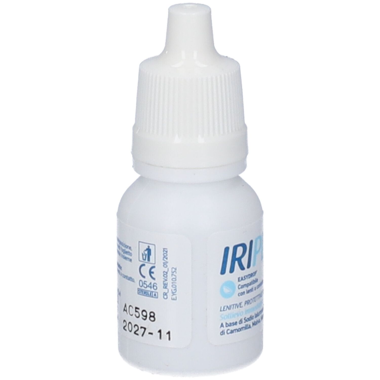 Flacone bianco con tappo bianco. Scritta Iriplus easydrop® Gocce oculari. Informazioni e marchio CE.