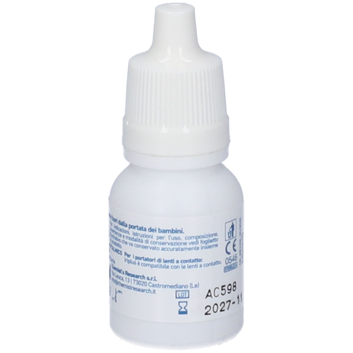 Flacone bianco con tappo bianco. Retro con informazioni e marchio CE.