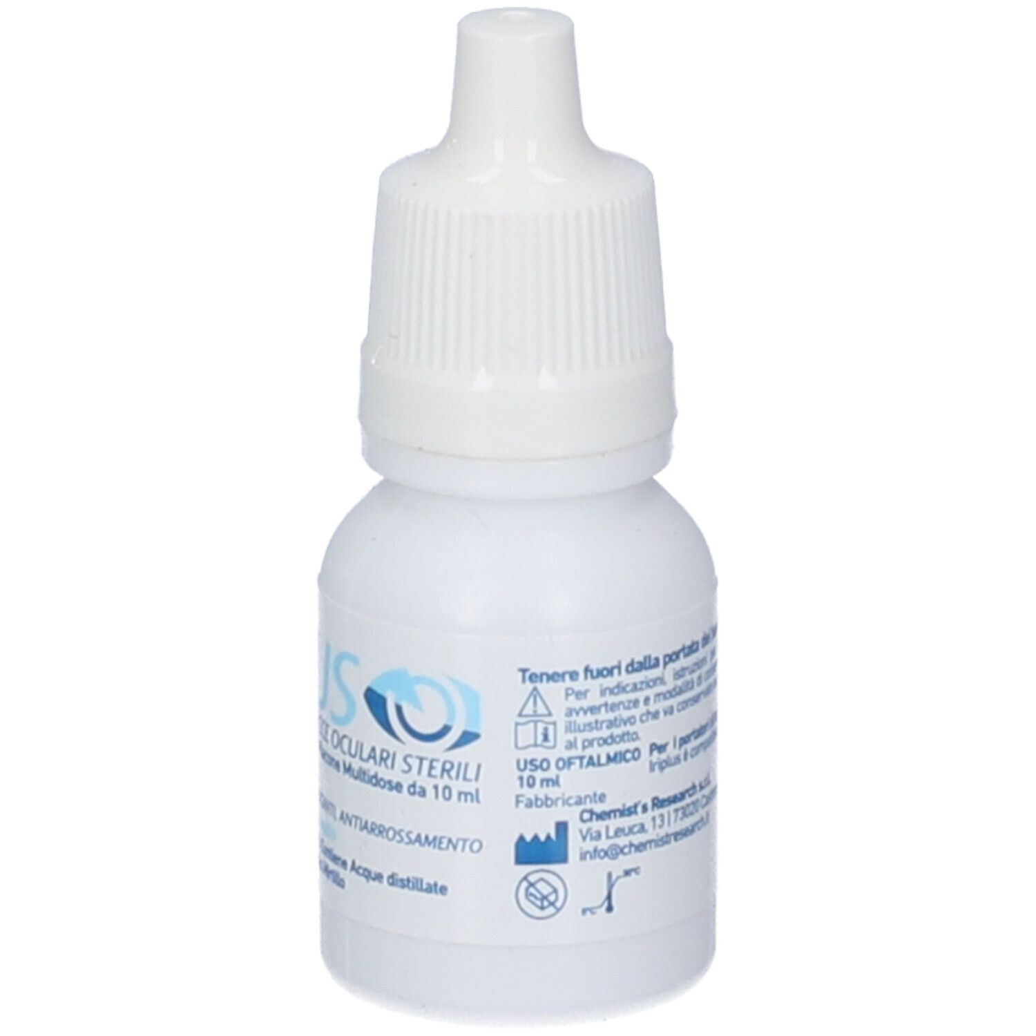 Flacone bianco con tappo bianco. Scritta Iriplus easydrop® Gocce oculari. Informazioni sul prodotto.