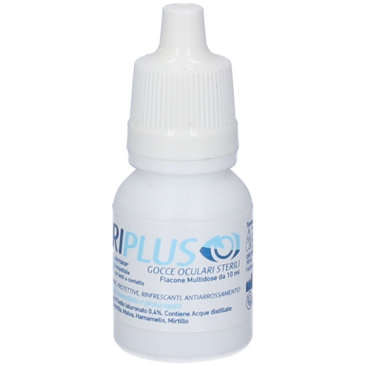 Flacone bianco con tappo bianco. Scritta Iriplus easydrop® Gocce oculari. Informazioni sul prodotto.