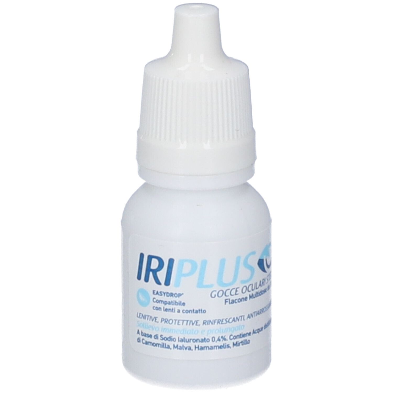 Flacone bianco con tappo bianco. Scritta Iriplus easydrop® Gocce oculari. Informazioni sul prodotto.