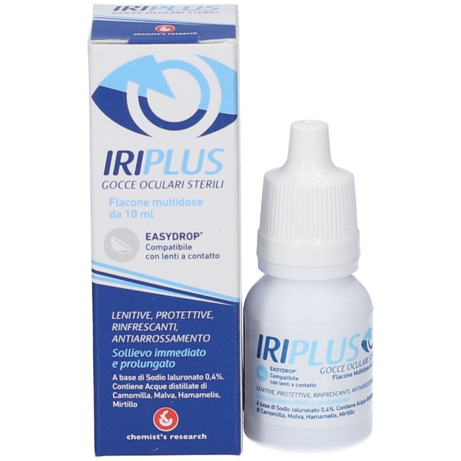 Scatola e flacone Iriplus easydrop® Gocce oculari. Confezione blu e bianca con informazioni sul prodotto.