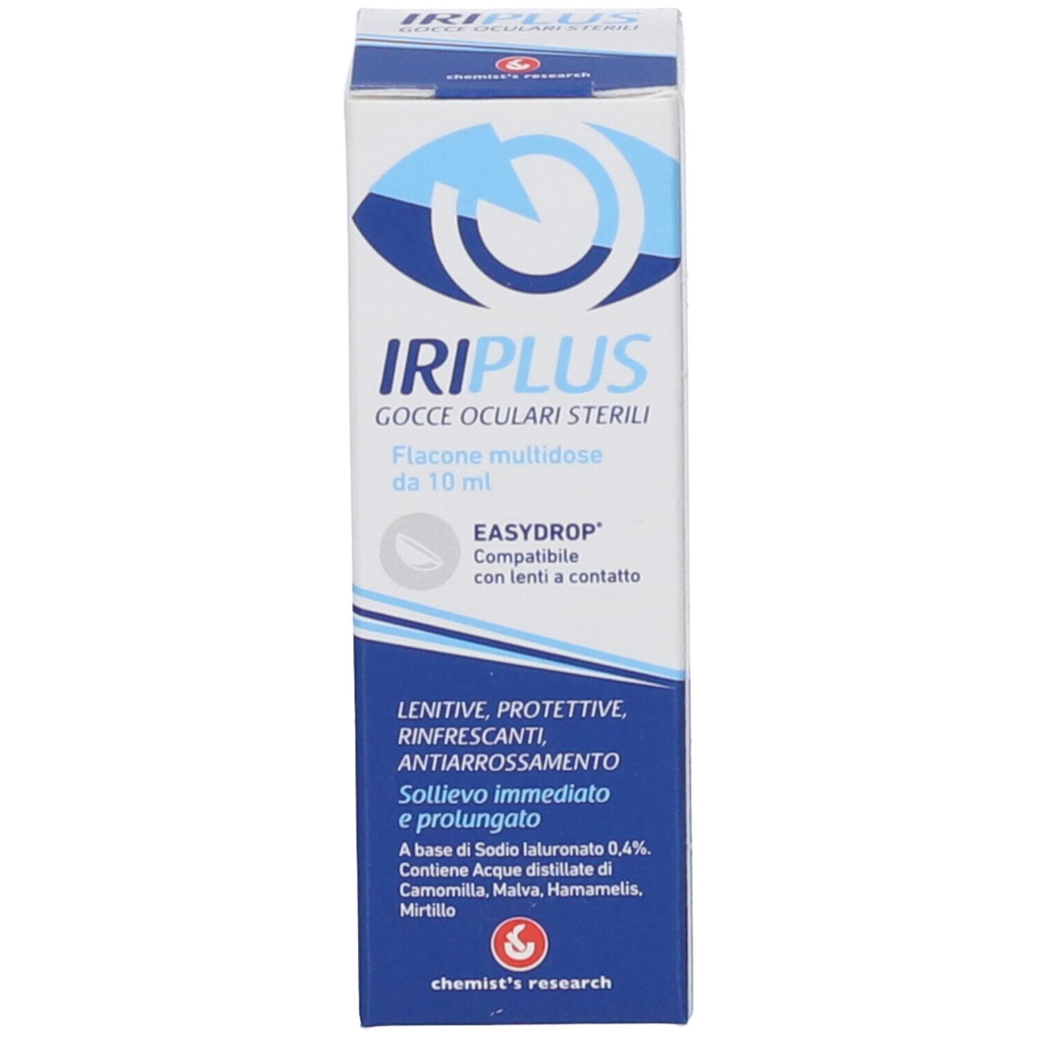 Scatola di Iriplus easydrop® Gocce oculari. Confezione blu e bianca con informazioni e logo del prodotto.