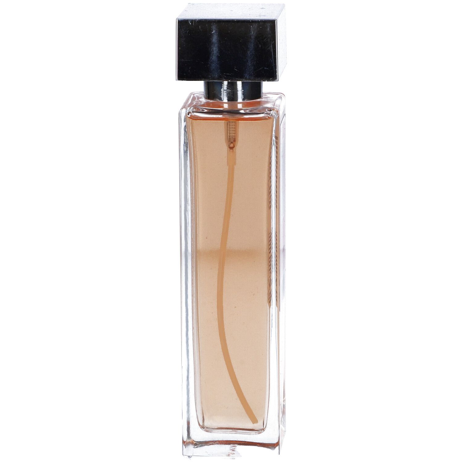 Flacone rettangolare con tappo argentato. Liquido visibile. Etichetta rosa.