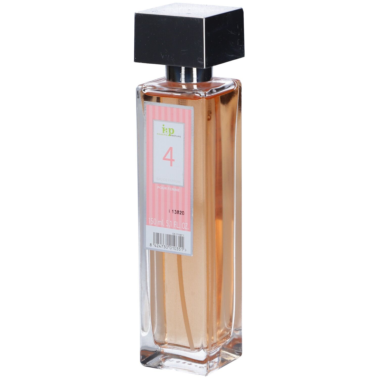 Flacone rettangolare con tappo argentato. Etichetta rosa con "4" e testo.