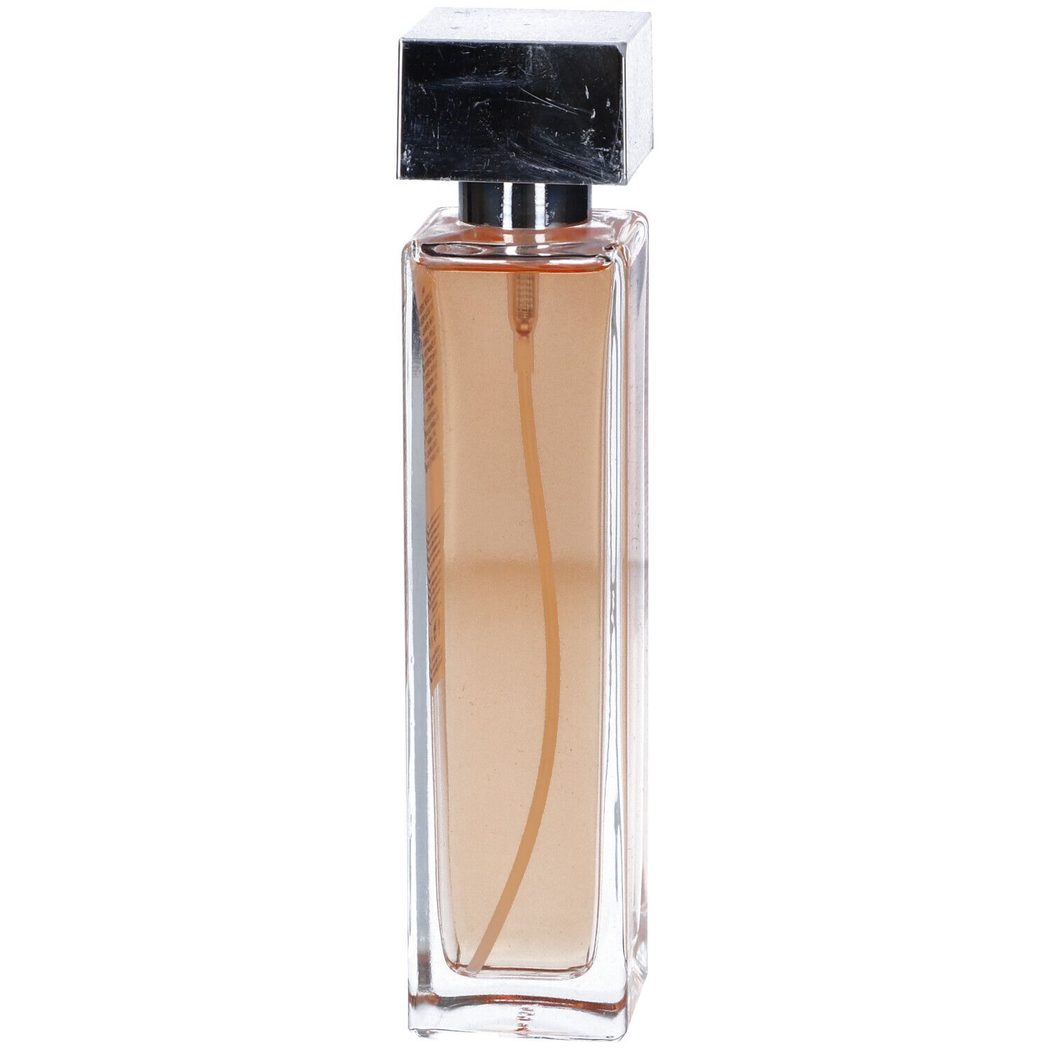 Flacone rettangolare con tappo argentato. Liquido visibile.