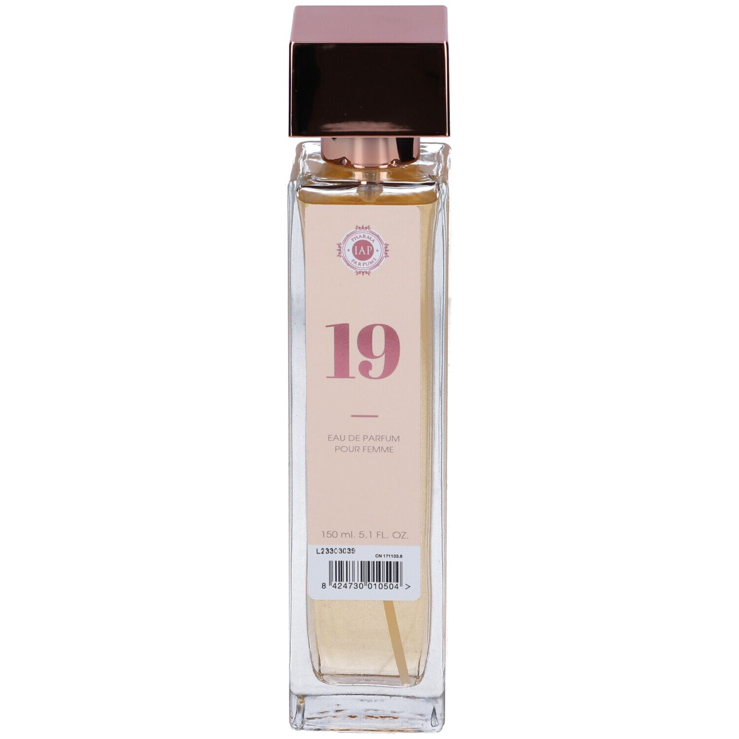Flacone rettangolare con tappo rosa. Scritta: 19, Eau de Parfum, Pour Femme. 150 ml.