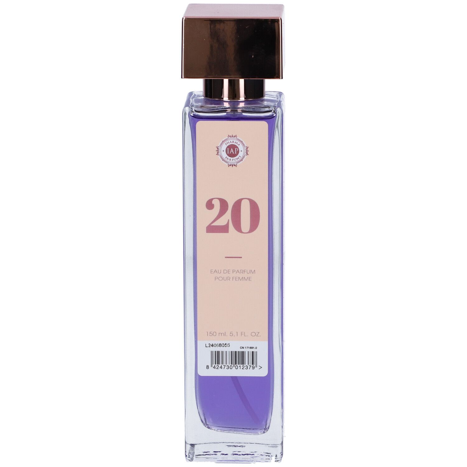 Flacone rettangolare con tappo marrone. Etichetta con "20" e "Eau de Parfum pour femme".