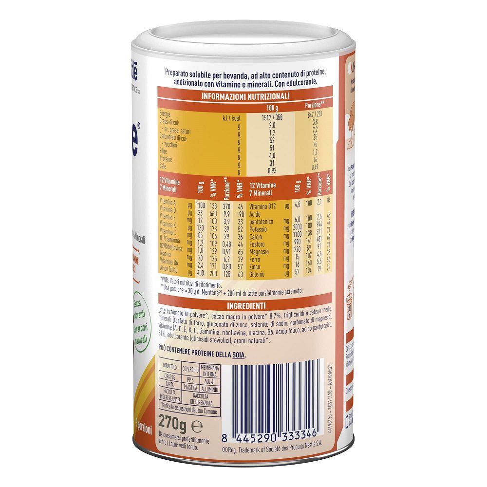 Retro del barattolo Meritene. Contiene informazioni nutrizionali e ingredienti. Testo in italiano. Barattolo da 270g.