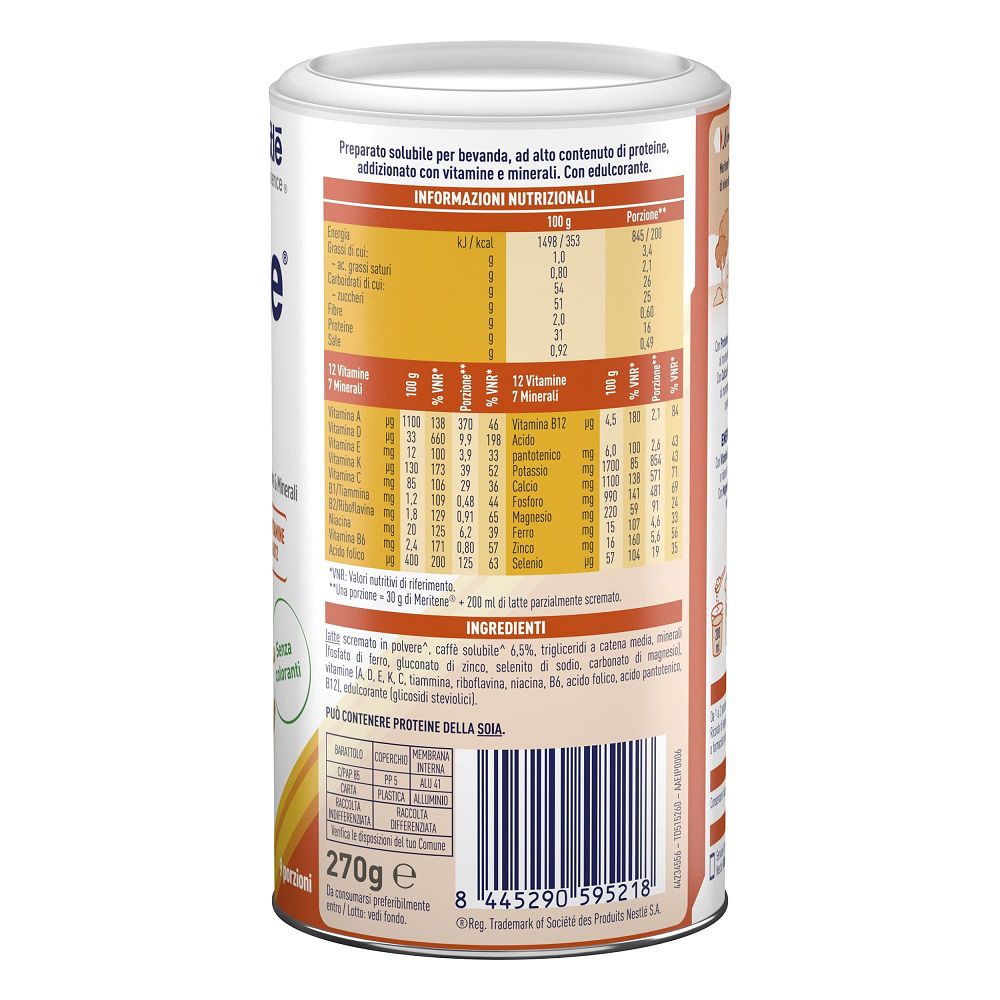 Retro del barattolo Meritene. Informazioni nutrizionali, elenco ingredienti, informazioni di preparazione. 270g. Codice a barre.