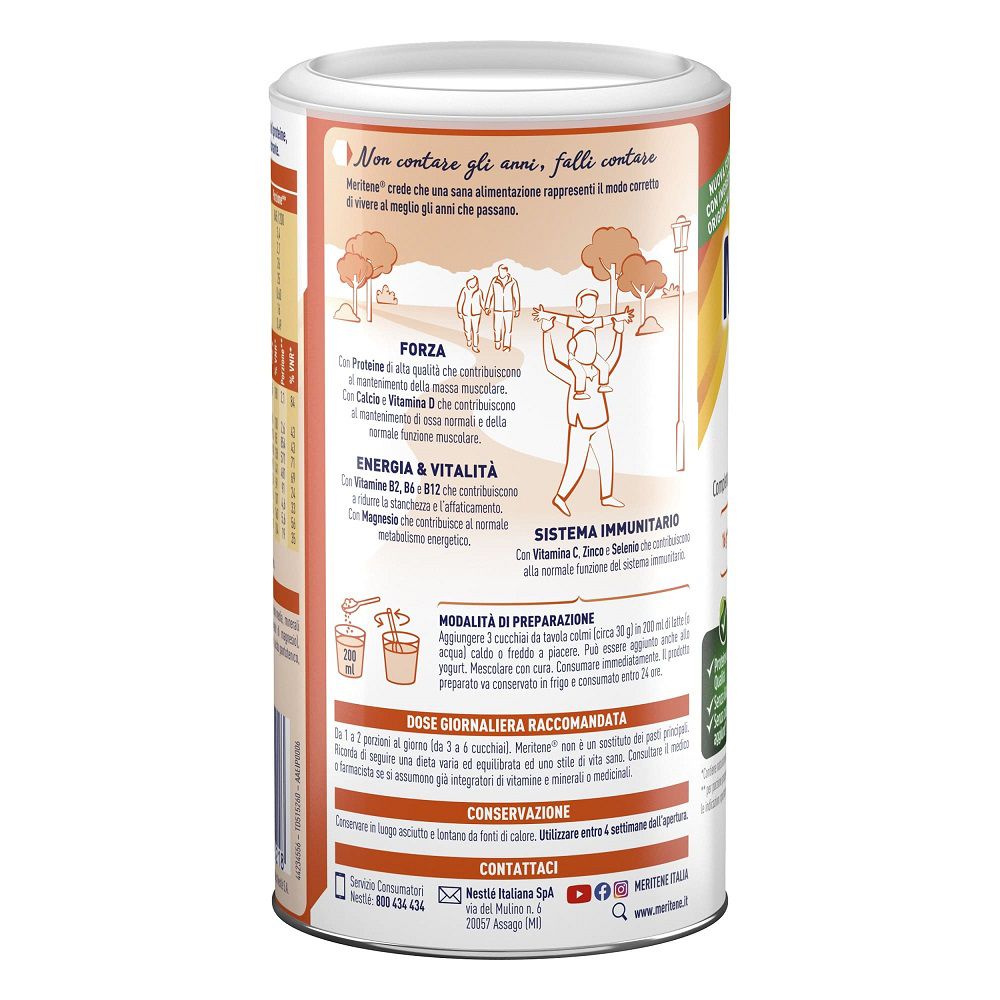 Retro del barattolo Meritene. Illustrazioni: Forza, Energia & Vitalità, Sistema immunitario. Istruzioni di preparazione. Contatti.