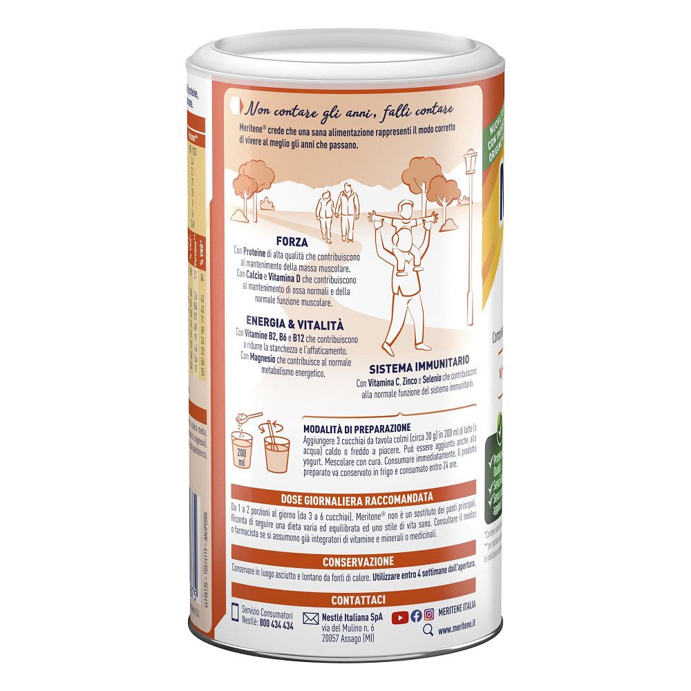 Retro del barattolo Meritene. Contiene informazioni sugli ingredienti, la preparazione e la dose giornaliera raccomandata.