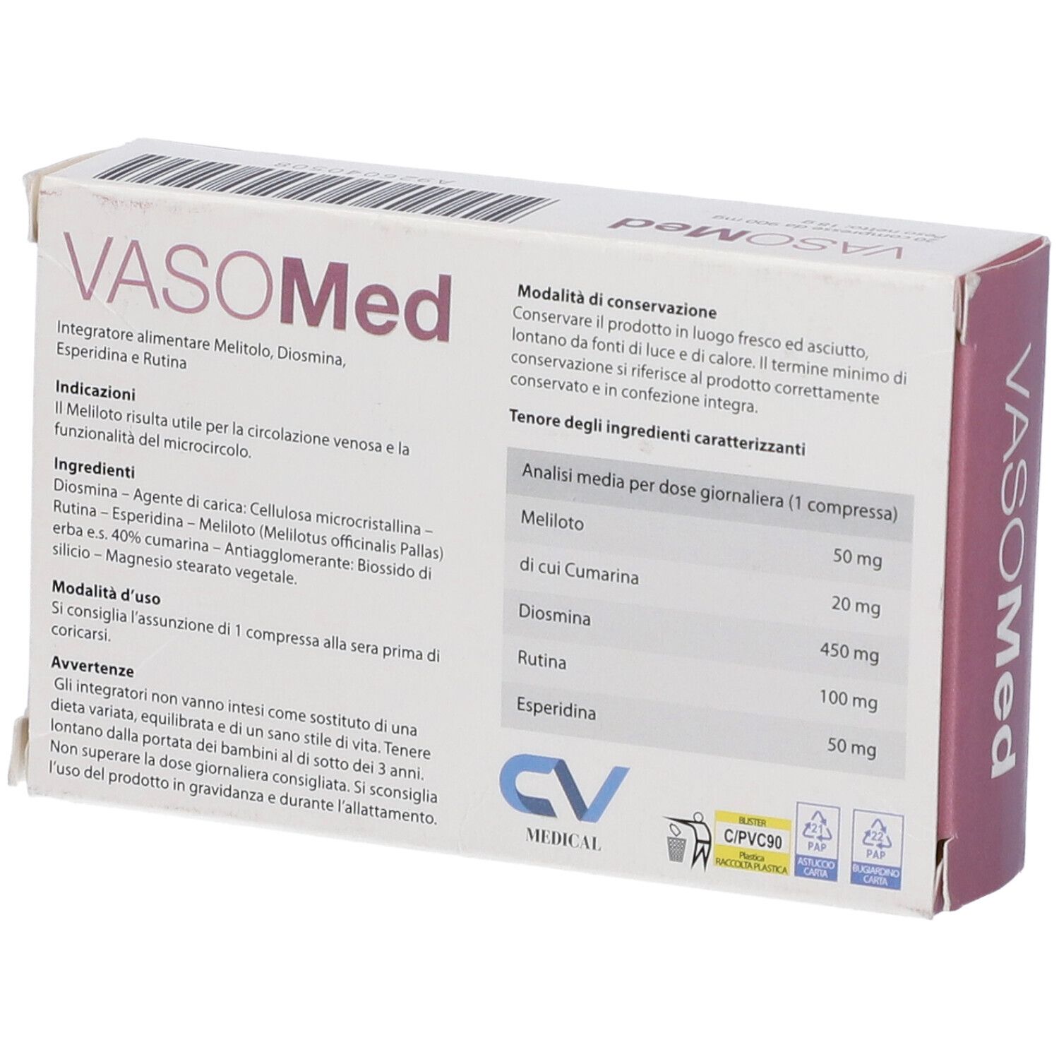 Scatola Vasomed con testo e informazioni. Logo CV Medical. Ingredienti sul retro.