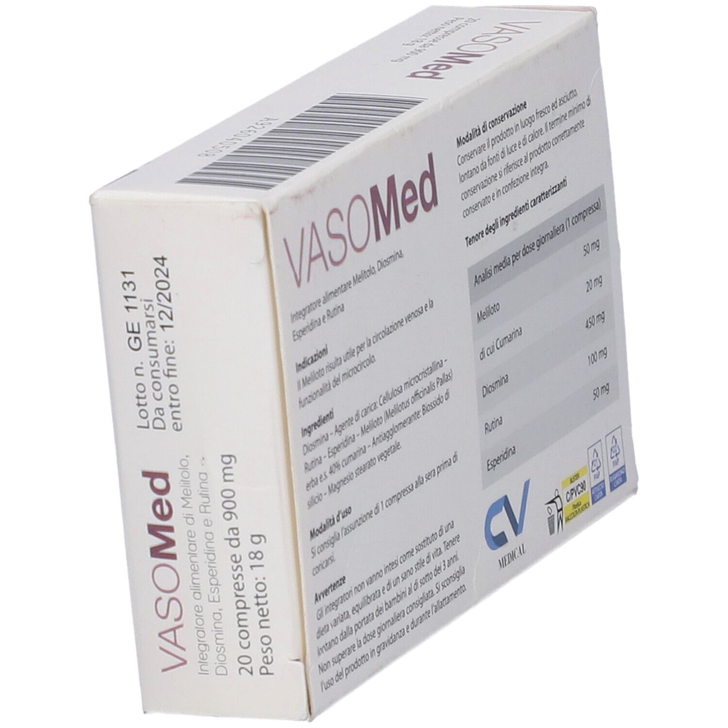 Scatola Vasomed, diagonale. Testo e informazioni. Logo CV Medical. Scadenza.