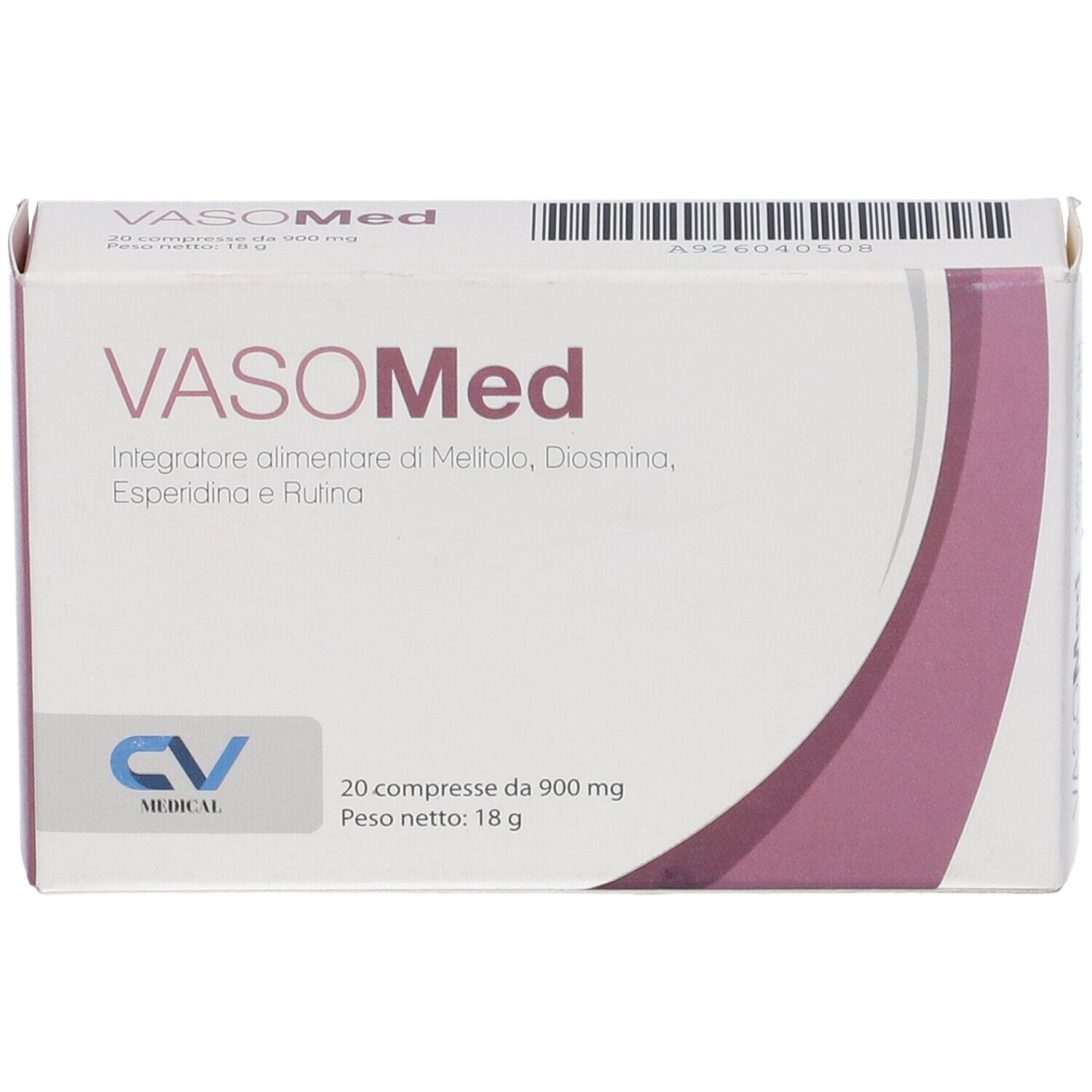 Scatola di Vasomed con testo. Contiene 20 compresse. Logo CV Medical.