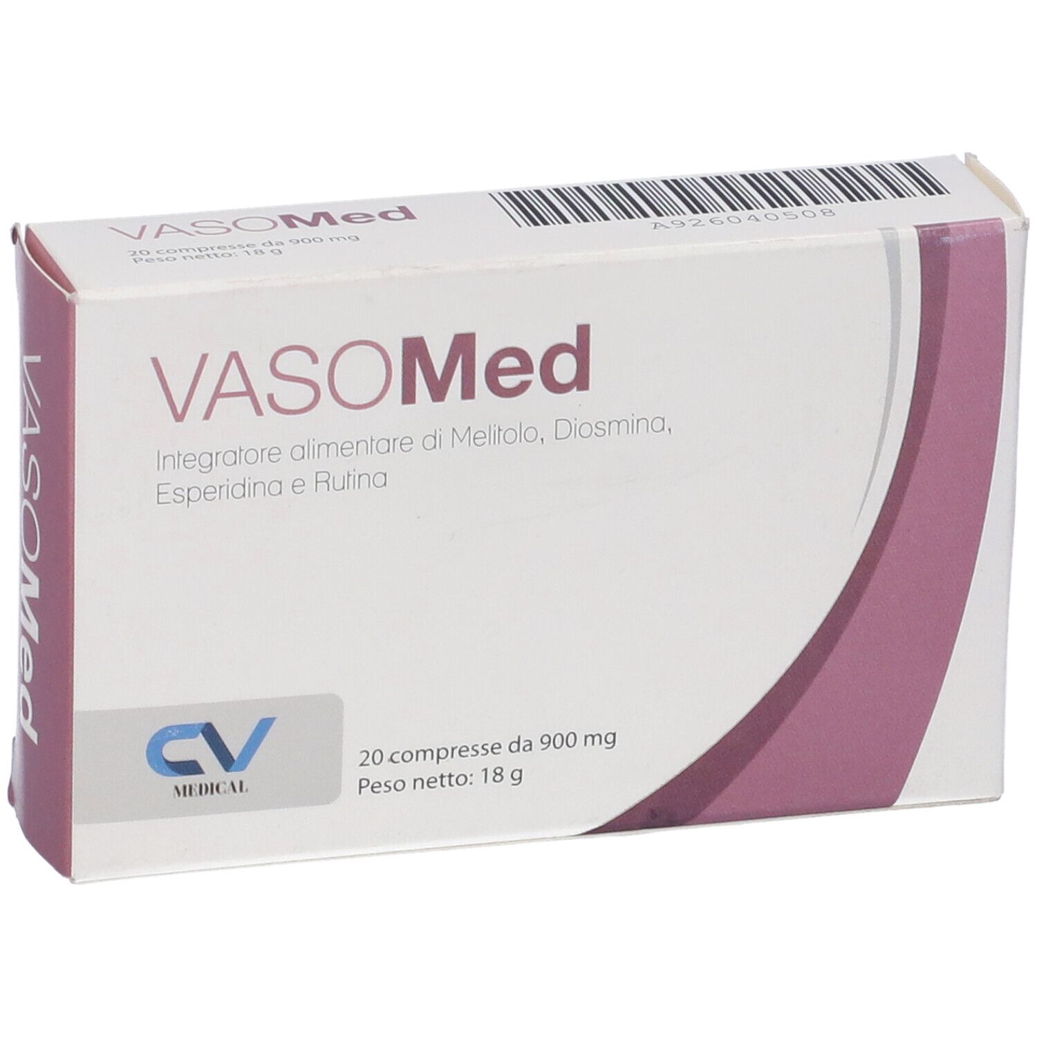 Scatola di Vasomed con testo. Contiene 20 compresse. Logo CV Medical.