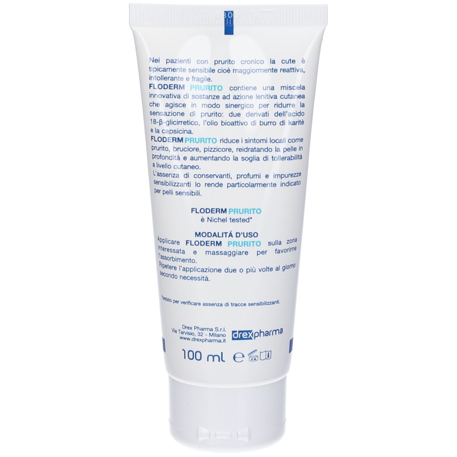 Retro di un tubo bianco con informazioni sul prodotto e "100 ml".