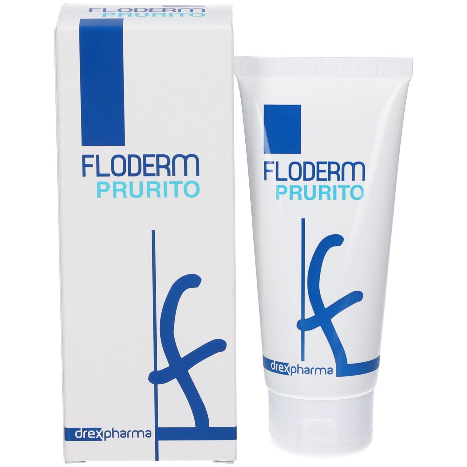 Tubo e scatola pieghevole bianchi con logo blu e nome del prodotto "FLODERM PRURITO".