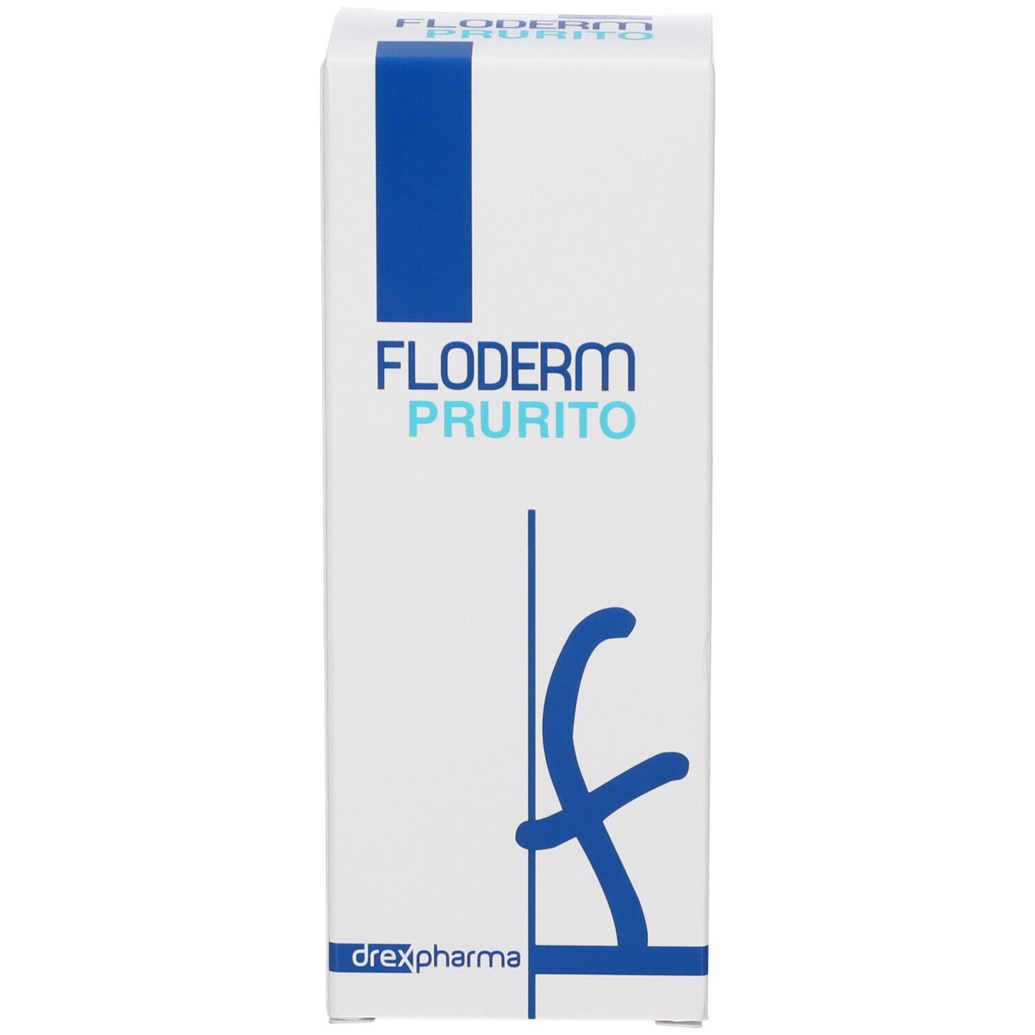 Scatola pieghevole bianca con logo blu e nome del prodotto "FLODERM PRURITO".