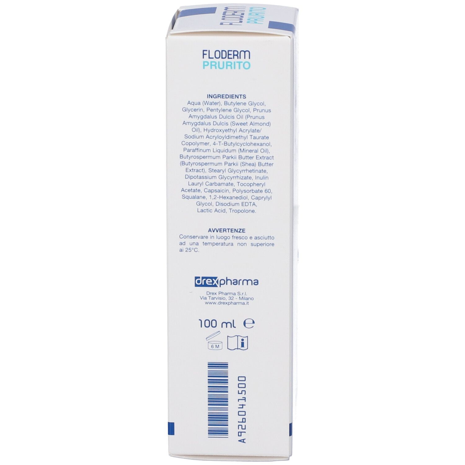 Lato di una scatola pieghevole bianca con ingredienti e "100 ml".