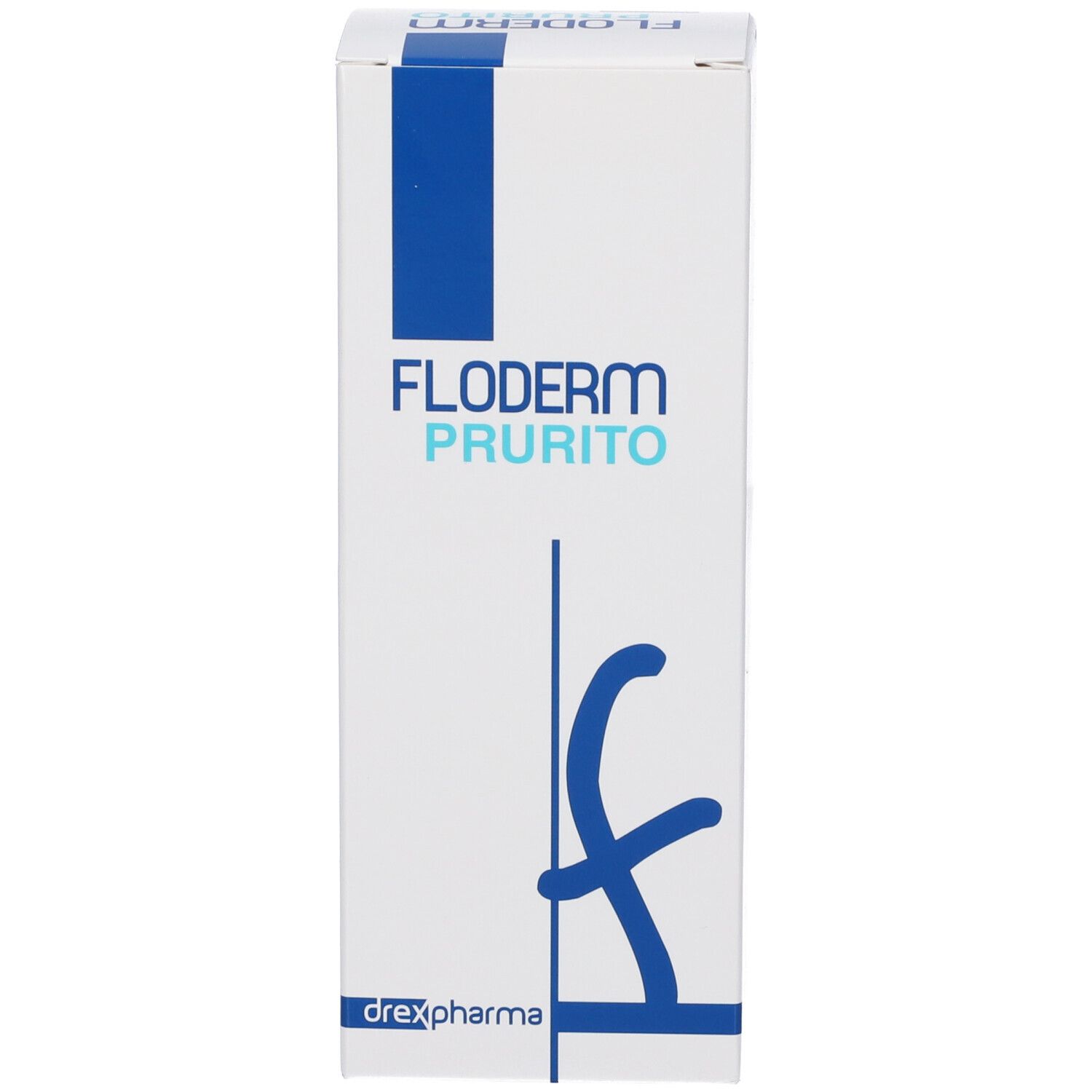 Scatola pieghevole bianca con logo blu e nome del prodotto "FLODERM PRURITO".