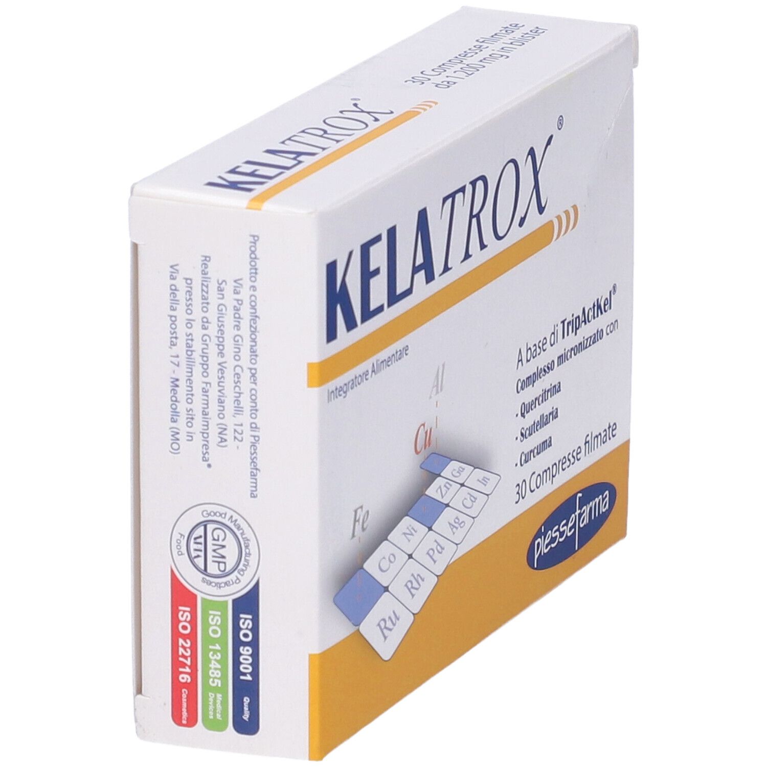 Scatola di compresse Kelatrox. Scritto: 30 compresse. Contiene TripActKel, quercitina, scutellaria, curcuma. Certificazioni ISO e GMP.