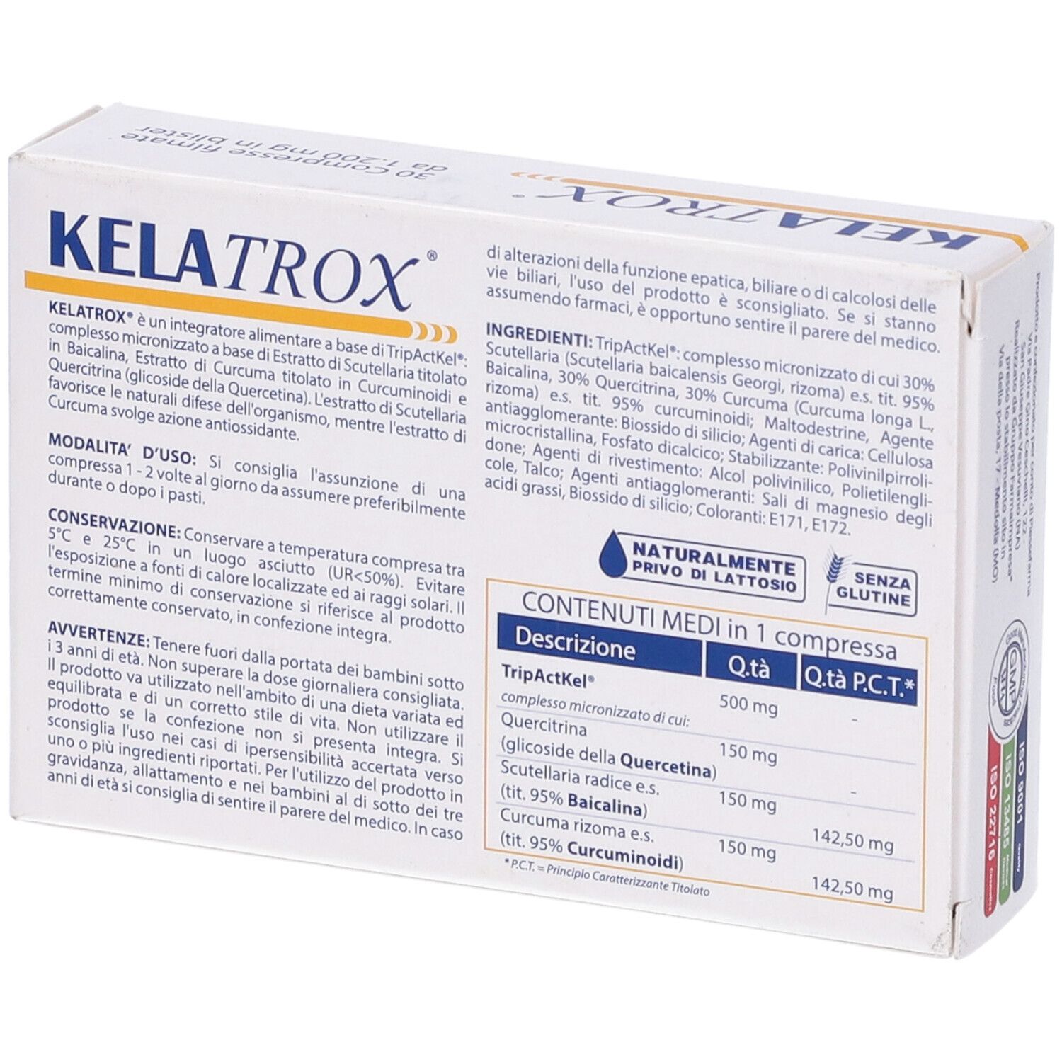 Retro della scatola di compresse Kelatrox. Contiene informazioni su ingredienti, uso e avvertenze. Naturalmente senza lattosio.