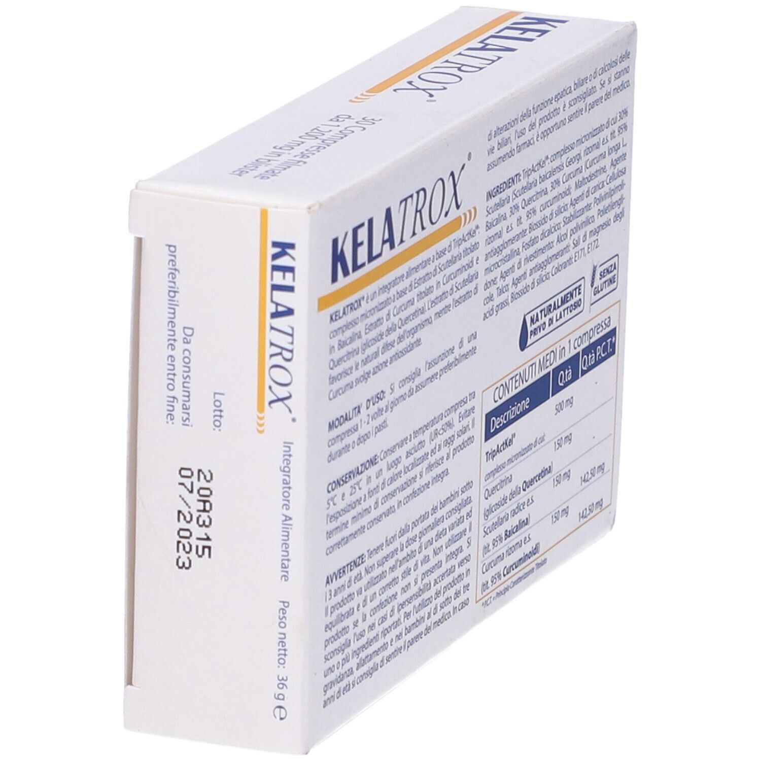 Retro della scatola di compresse Kelatrox. Contiene informazioni su ingredienti, uso e avvertenze. Data di scadenza.