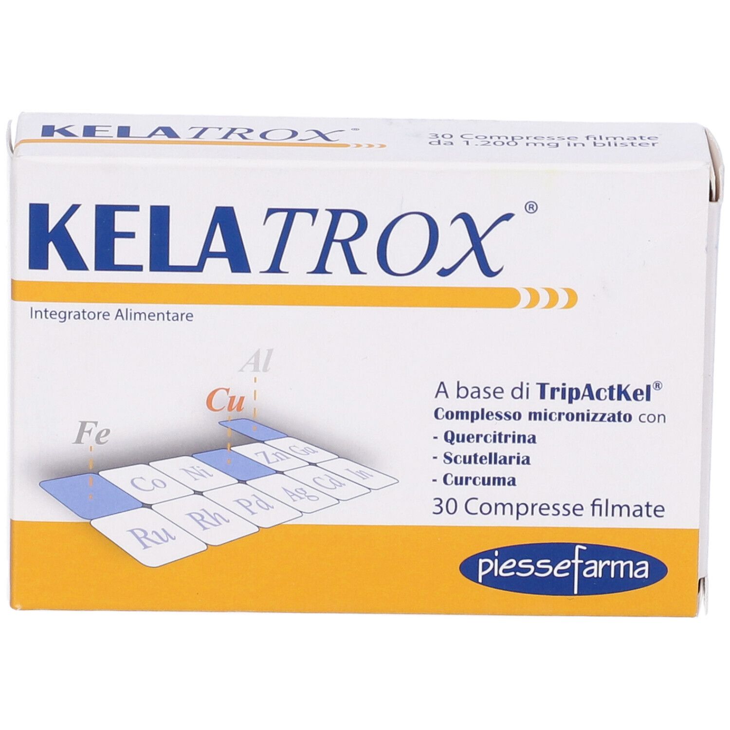 Scatola di compresse Kelatrox. Scritto: 30 compresse. Contiene TripActKel, quercitina, scutellaria, curcuma.
