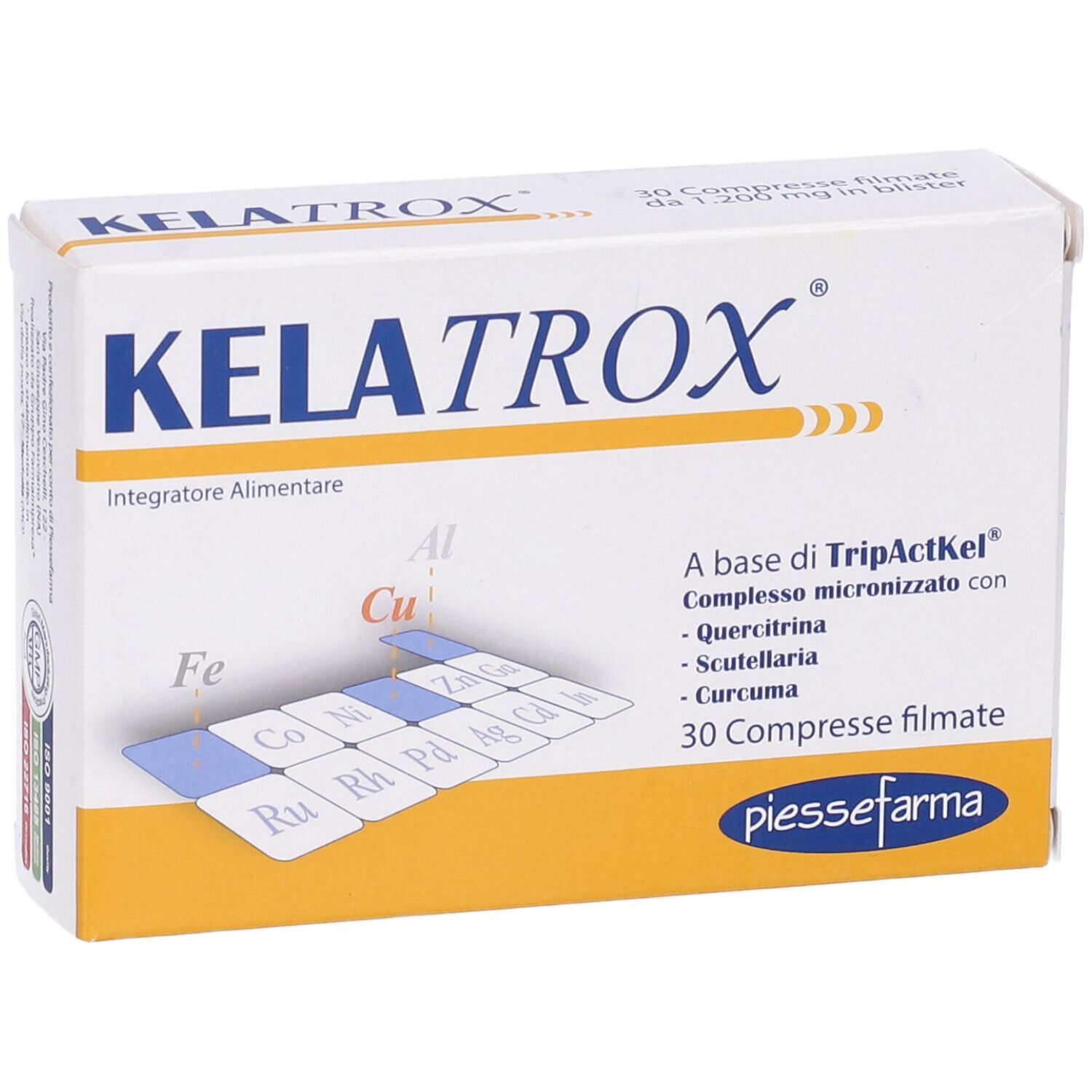 Scatola di compresse Kelatrox. Scritto: 30 compresse. Contiene TripActKel, quercitina, scutellaria, curcuma.
