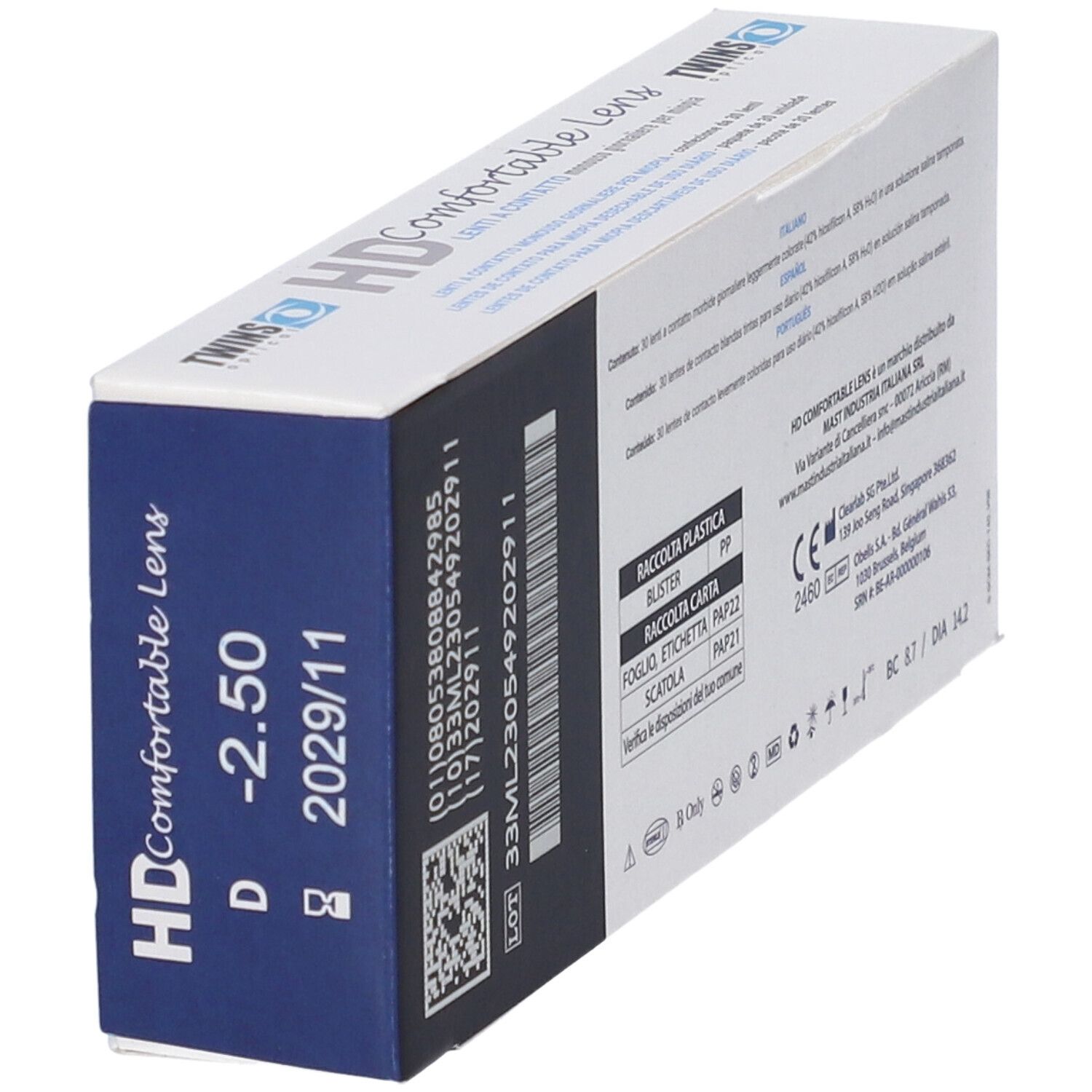 Confezione di HD Comfortable Lens. Scritta: -2.50 D, 2029/11. Codice a barre e numero di lotto. Logo Twins Optical.