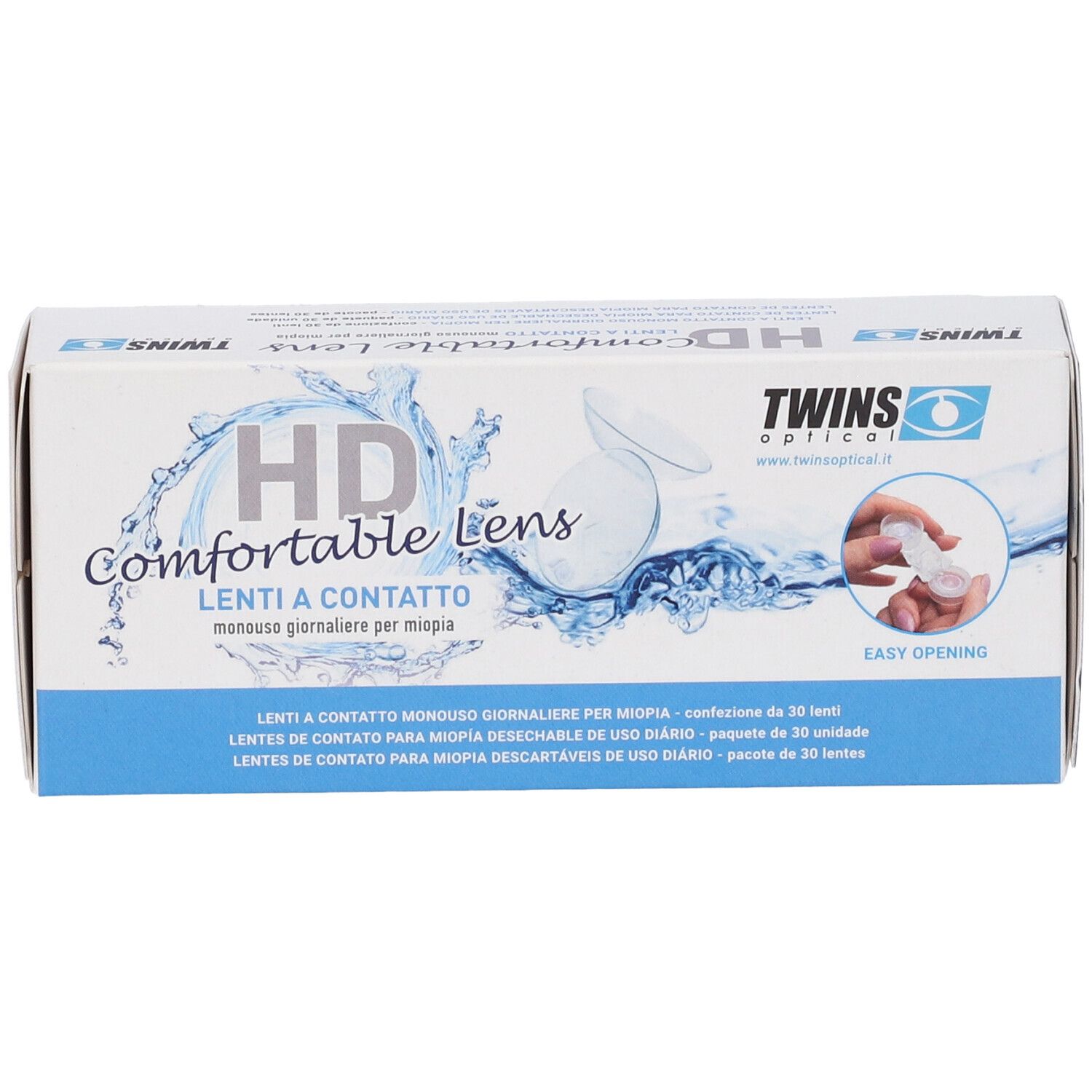 Confezione di HD Comfortable Lens. Scritta: Lenti a contatto, 30 pezzi. Immagine di mano con lente. Logo Twins Optical.