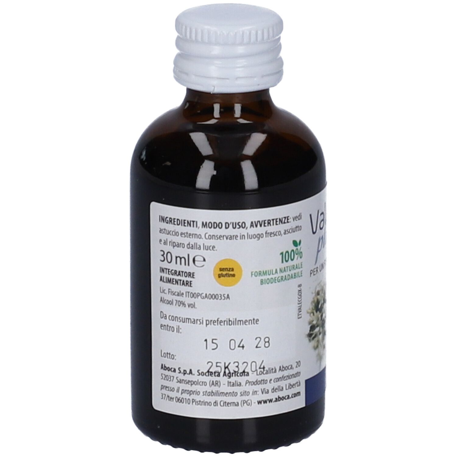 Flacone vetro marrone con tappo bianco. Etichetta con informazioni prodotto, 30 ml, senza glutine e data scadenza.