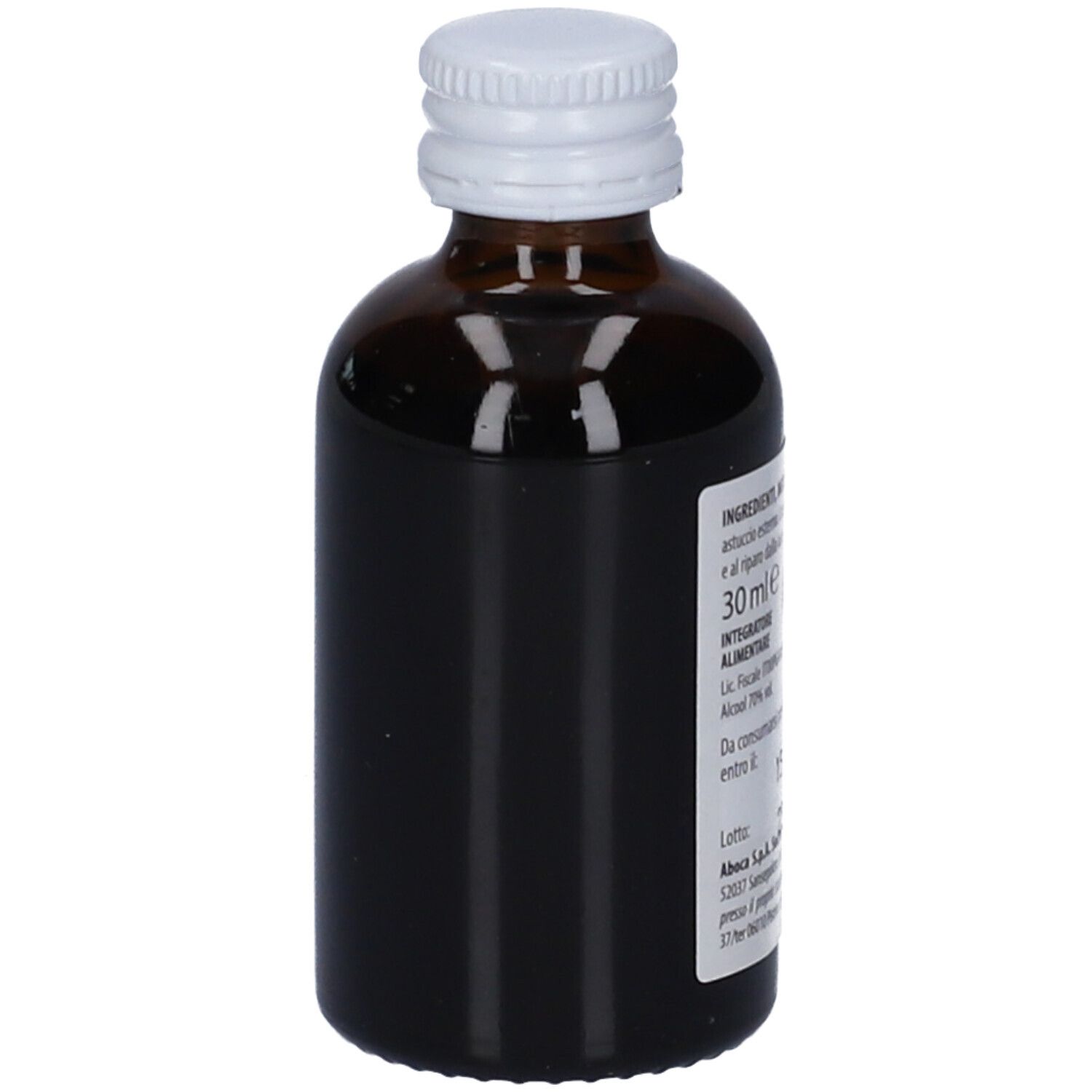 Flacone di vetro marrone con tappo bianco. Vista laterale con informazioni prodotto ed etichetta.