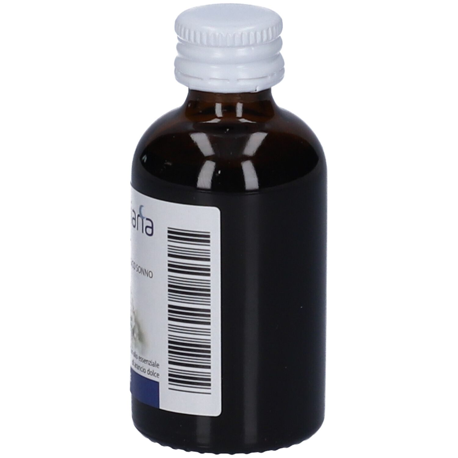 Flacone di vetro marrone con tappo bianco. Vista laterale con etichetta e codice a barre.