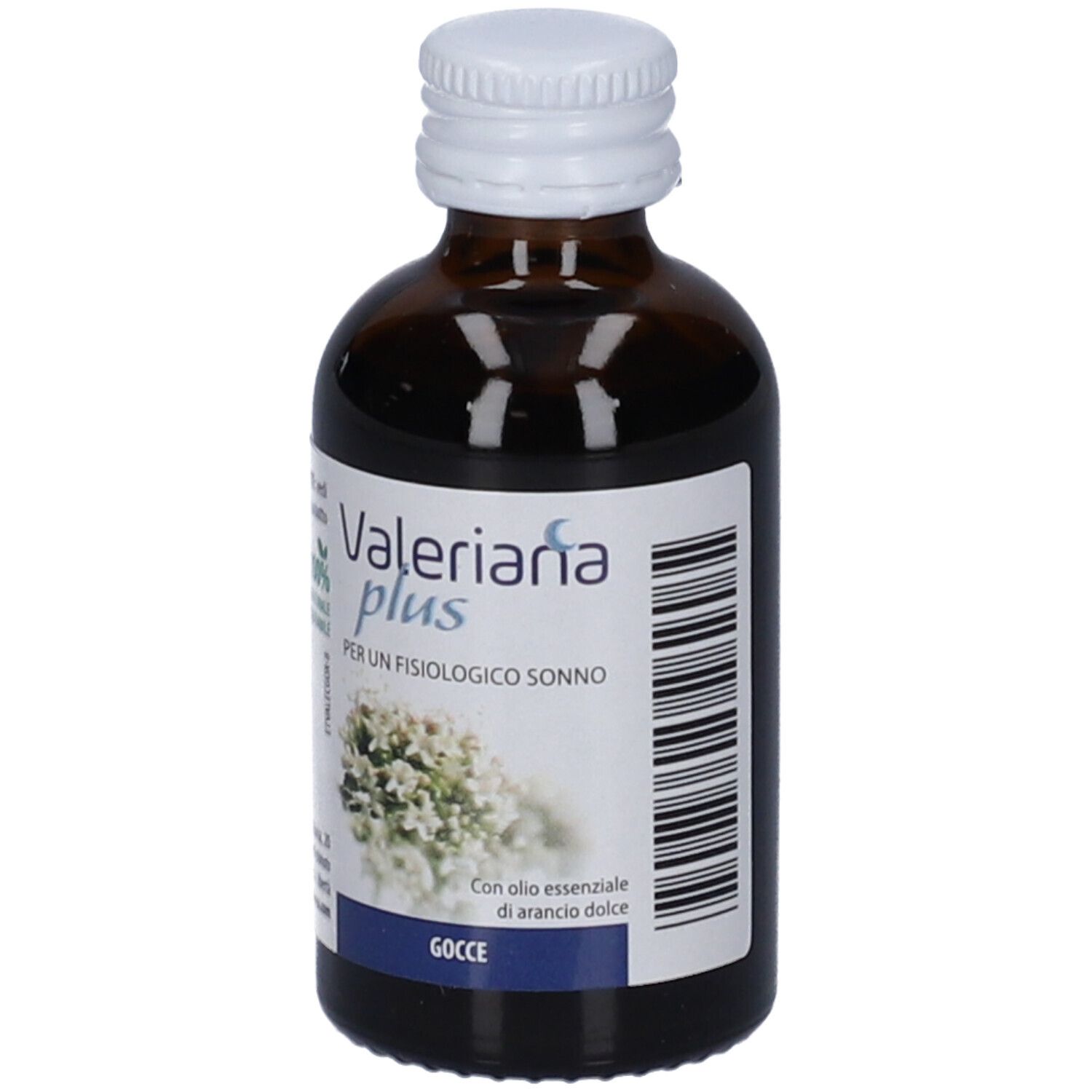 Flacone di vetro marrone con tappo bianco. Etichetta con nome prodotto Valeriana plus e motivo floreale.
