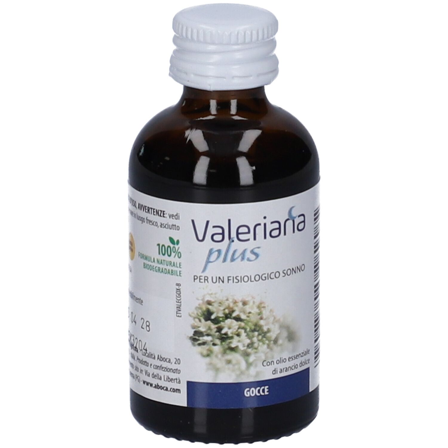 Flacone di vetro marrone con tappo bianco. Etichetta con nome prodotto Valeriana plus, motivo floreale e testo.