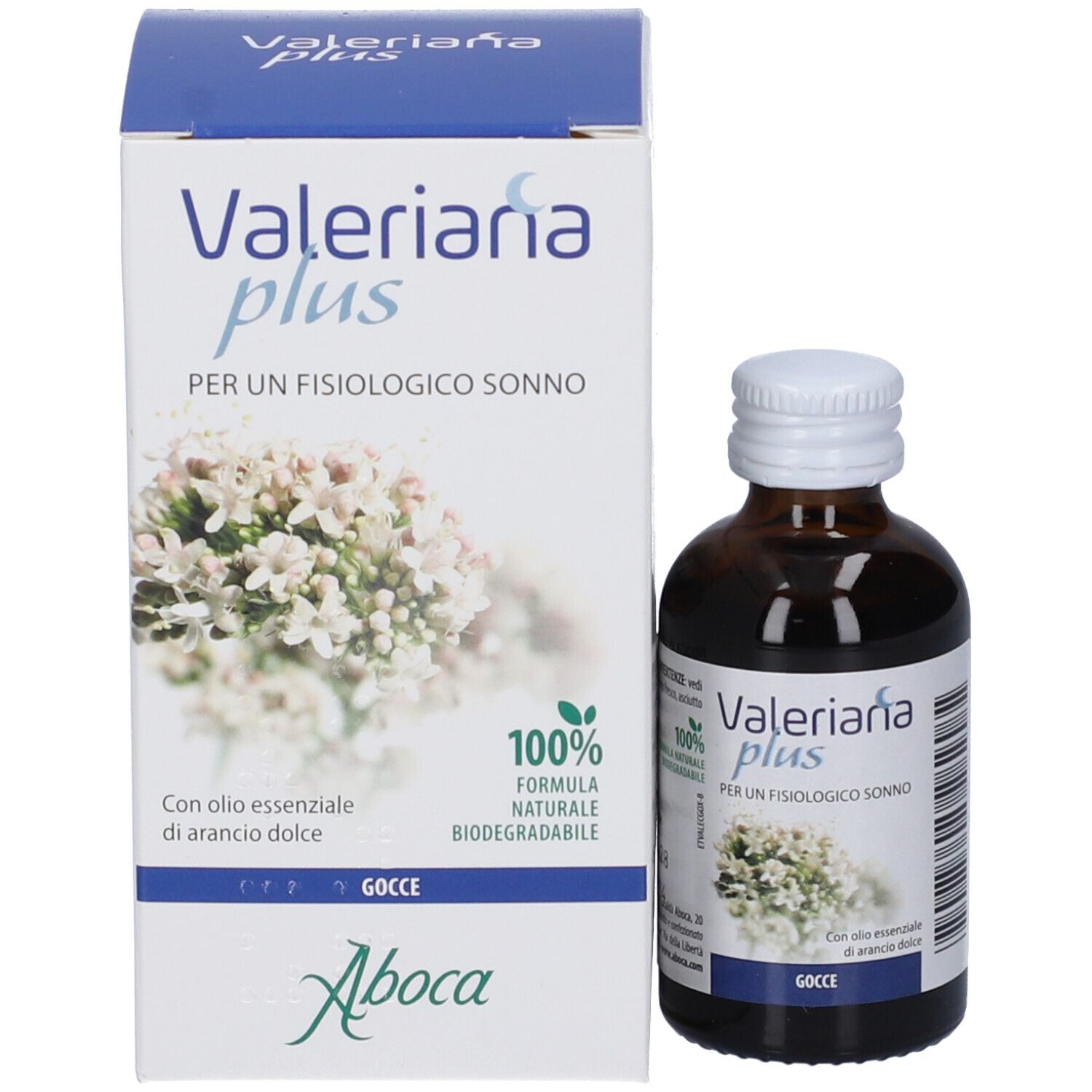 Confezione e flacone del prodotto. Scatola con nome prodotto Valeriana plus e flacone accanto.
