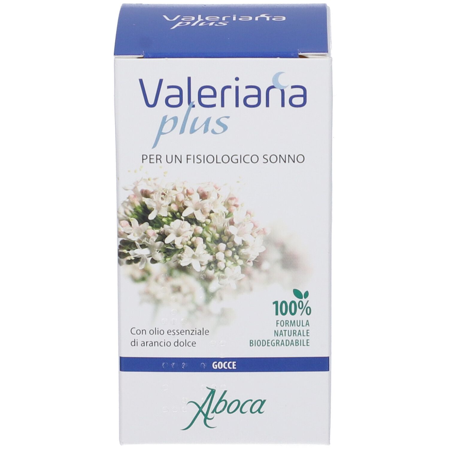 Confezione del prodotto. Scatola bianca con nome prodotto Valeriana plus, motivo floreale e testo.
