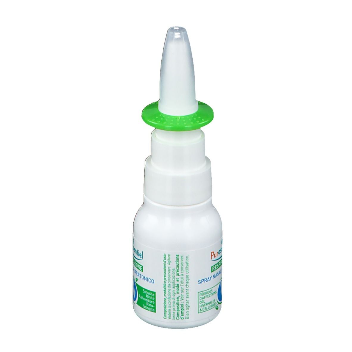 Flacone spray nasale con anello verde e beccuccio. Scritta: Puressentiel Respiratoire Spray Nasal Hypertonique. Testo.