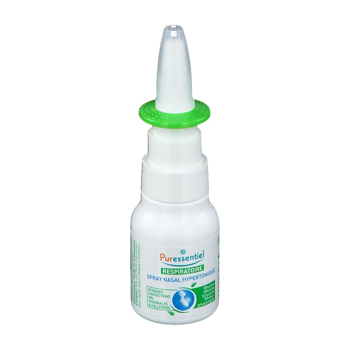 Flacone spray nasale con anello verde e beccuccio. Scritta: Puressentiel Respiratoire Spray Nasal Hypertonique. Testo.