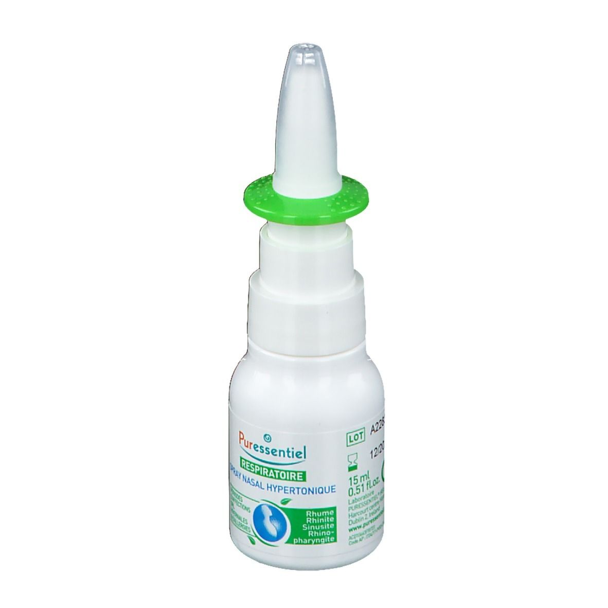 Flacone spray nasale bianco con anello verde e beccuccio. Scritta: Puressentiel Respiratoire Spray Nasal Hypertonique. Dettagli.