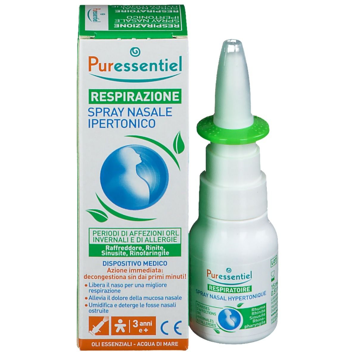 Confezione del prodotto con flacone spray nasale e scatola. Scritta: Puressentiel Respirazione Spray Nasale Ipertonico.