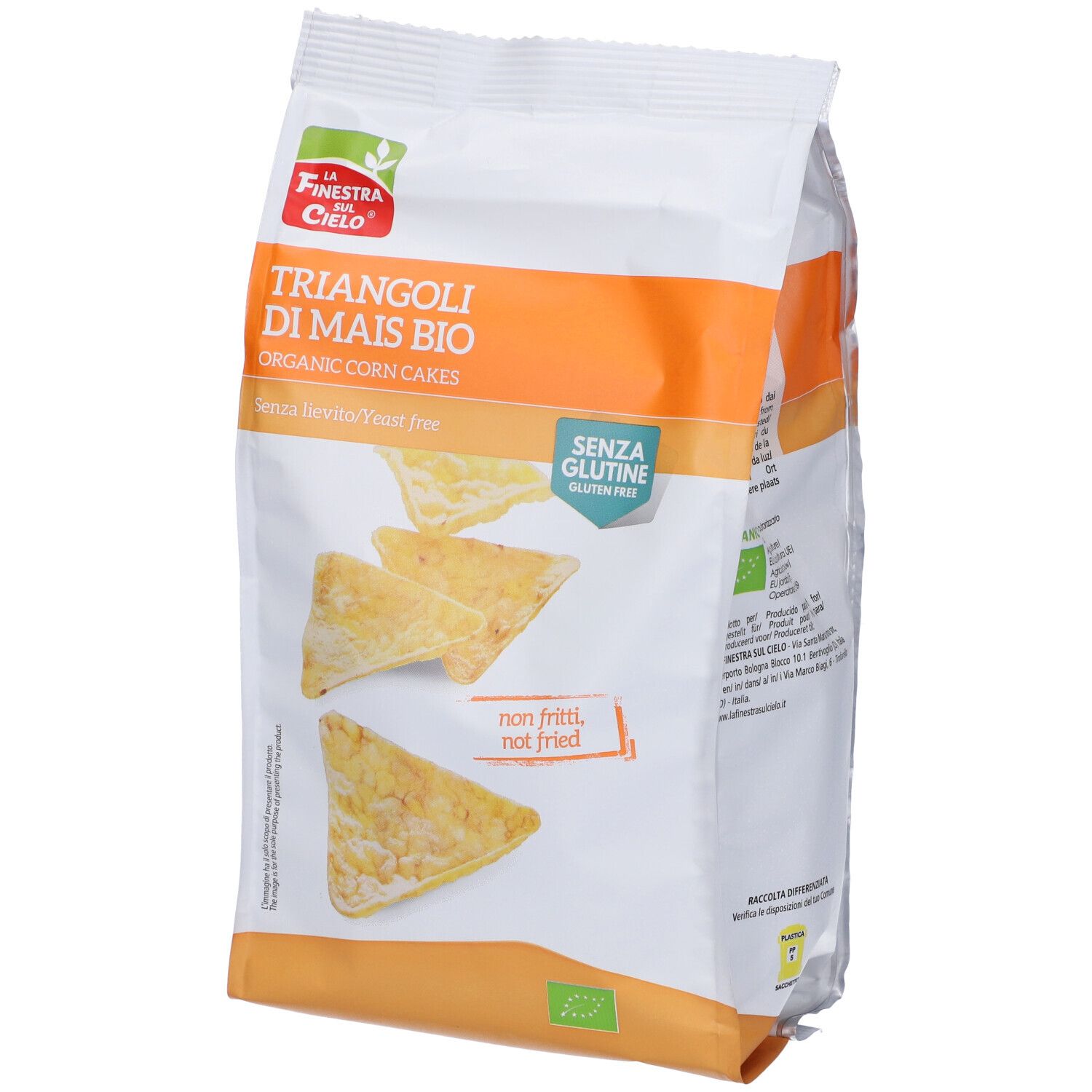 Confezione di triangoli di mais. Scritta: Triangoli di Mais Bio, senza glutine, senza lievito. Vista obliqua frontale.