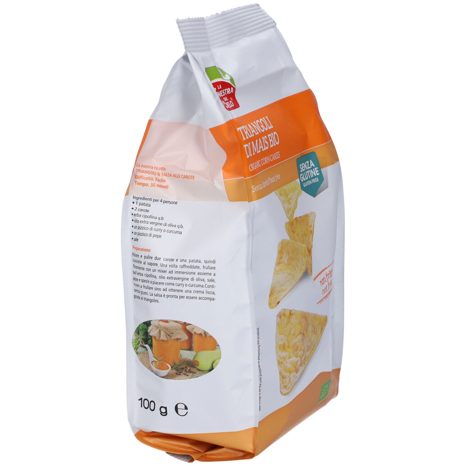 Confezione di triangoli di mais. Scritta: Triangoli di Mais Bio, senza glutine, senza lievito. Retro con testo e ingredienti.
