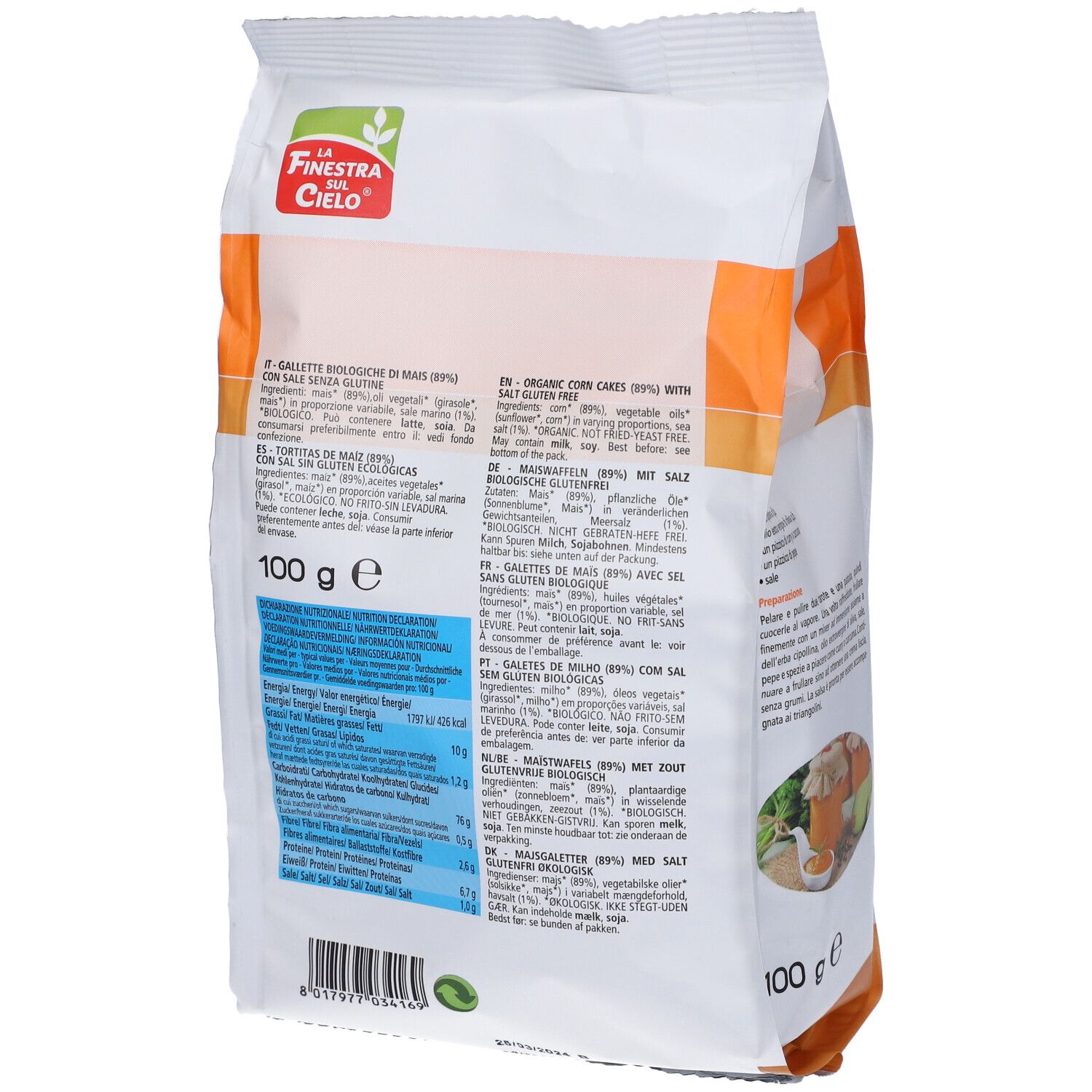 Confezione di triangoli di mais. Scritta: Triangoli di Mais Bio, senza glutine, senza lievito. Retro con testo e ingredienti.