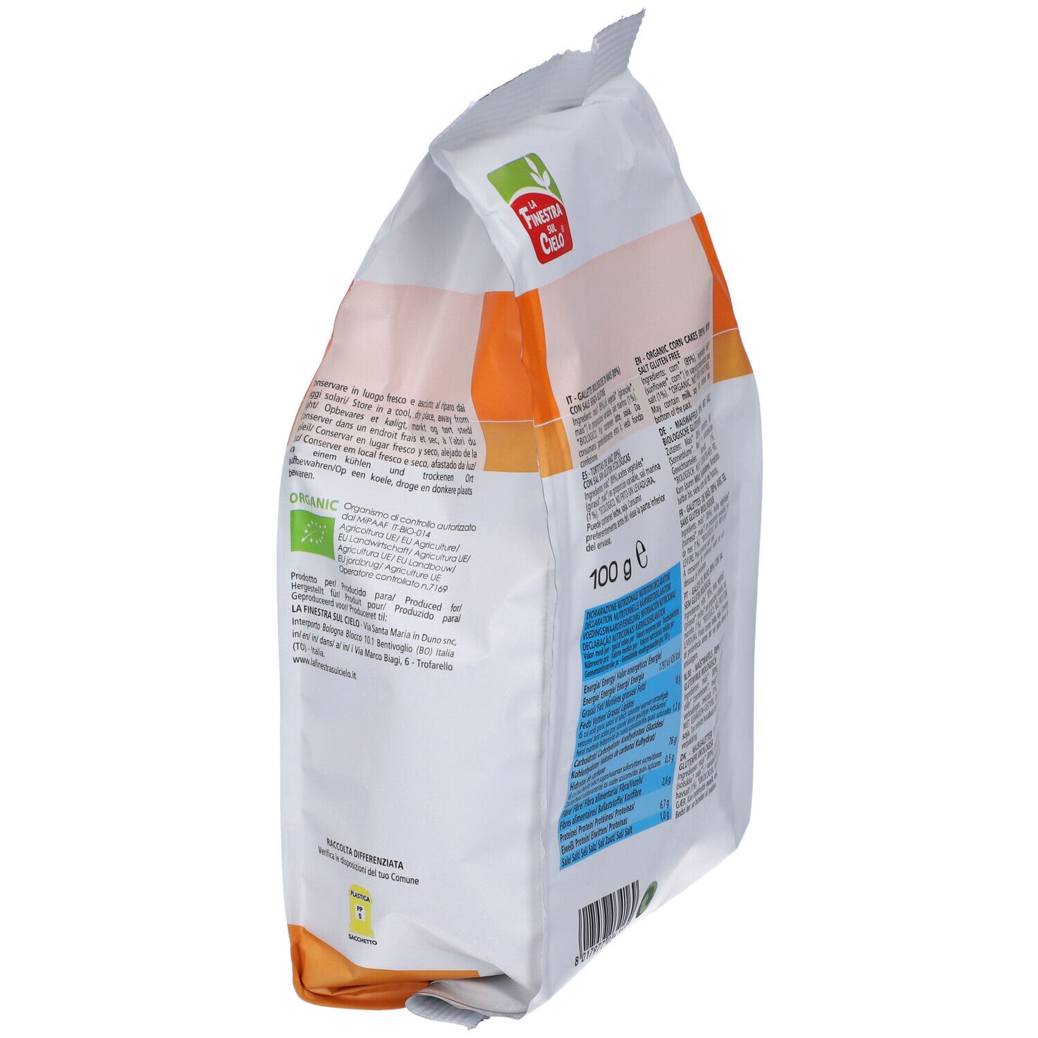 Confezione di triangoli di mais. Scritta: Triangoli di Mais Bio, senza glutine, senza lievito. Vista obliqua laterale.