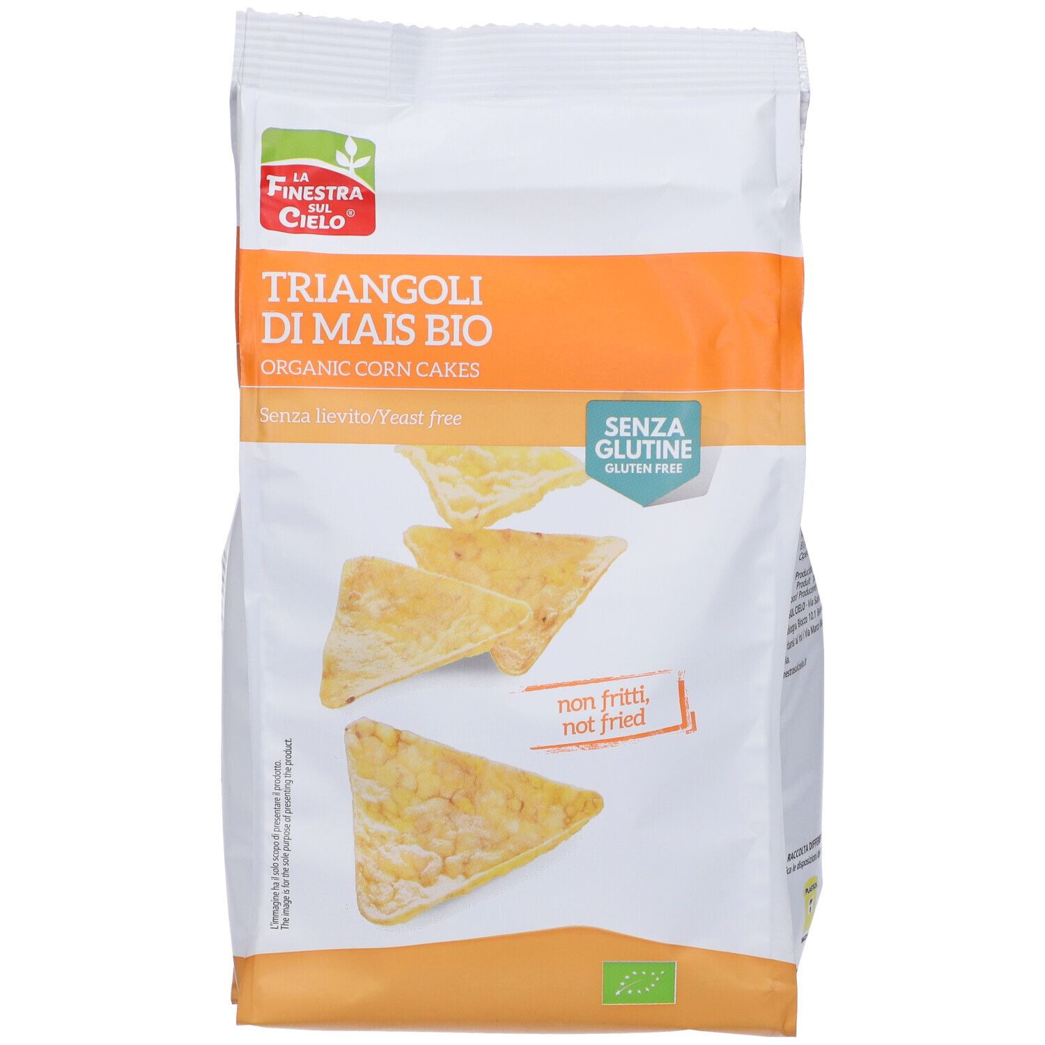 Confezione di triangoli di mais. Scritta: Triangoli di Mais Bio, senza glutine, senza lievito. Vista frontale.