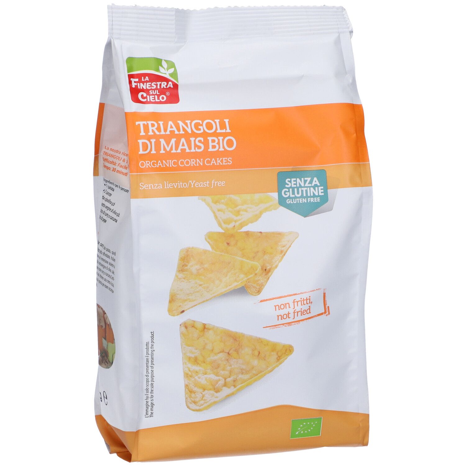 Confezione di triangoli di mais. Scritta: Triangoli di Mais Bio, senza glutine, senza lievito. Vista frontale.