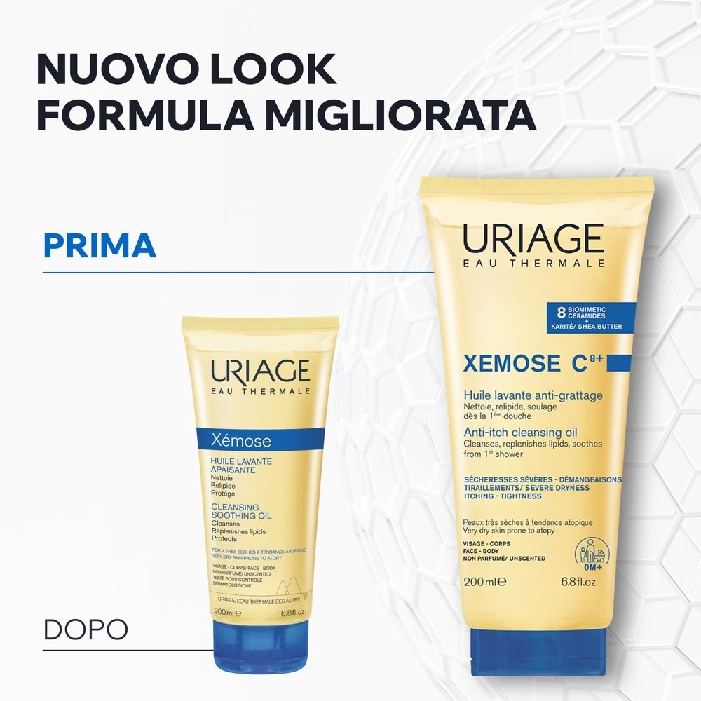 Confronto tra due tubi. Testo: Nuovo look, formula migliorata. URIAGE XÉMOSE Cleansing Oil. 200ml.
